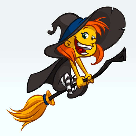 Cartoon pretty funny witch flying on her broom. Halloween vector illustration isolated on whiteのイラスト素材