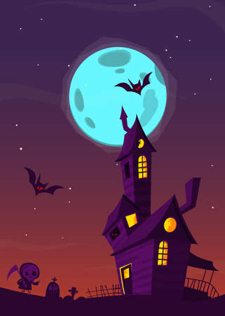 Spooky old haunted house with ghosts. Halloween cartoon background Vector illustrationのイラスト素材