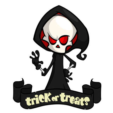 Vector illustration of cartoon death Halloween monster mascot isolated on dark background. Cute cartoon grim reaperのイラスト素材