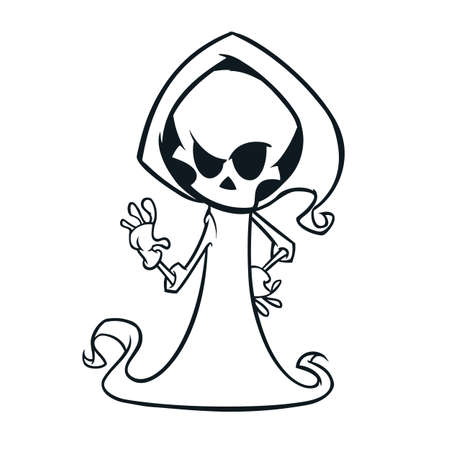 Cute cartoon grim reaper with scythe isolated on white. Cute Halloween skeleton death character outlines. Line art for coloring bookのイラスト素材