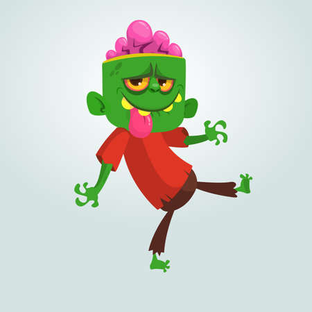 Vector cartoon image of a funny green zombie with big head in brown pants and red t-shirt walking to the right and smiling on a light gray background Vector illustration.のイラスト素材