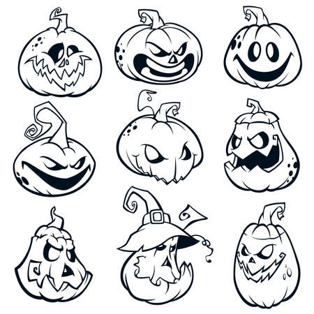 Halloween Pumpkins curved with jack o lantern face.  Vector cartoon illustration. Strokes and outlinesのイラスト素材