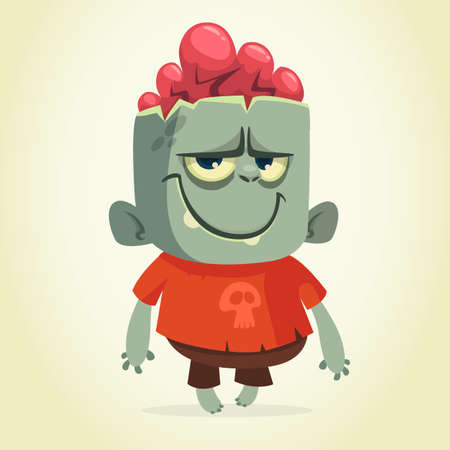 Vector cartoon image of a funny happy zombie smiling on a light gray background. Halloween. Vector illustration isolated.のイラスト素材