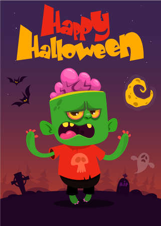 Vector cartoon image of a funny happy zombie smiling on a night background with cemetery, grim reaper, tombs and moon. Halloween. Vector illustration isolated.のイラスト素材