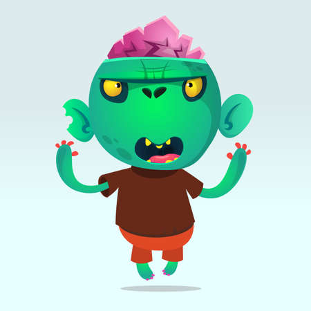 Cartoon angry green zombie. Halloween vector illustration of happy monsterのイラスト素材