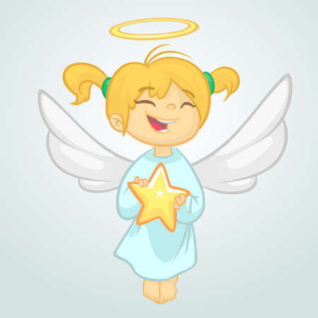 Cute Christmas angel holding a star. Vector  cartoon illustration isolated. Design for print, poster, sticker, greeting card or invitationのイラスト素材