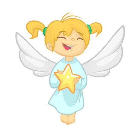 Cute cartoon Christmas angel holding a star. Vector illustration isolated. Design for print, poster, sticker, greeting card or invitationのイラスト素材