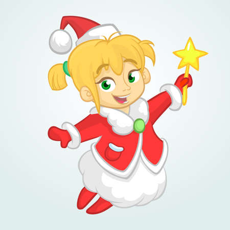 Cute cartoon Christmas angel character flying and holding star. Vector illustration of happy winter blond fairy outlinedのイラスト素材