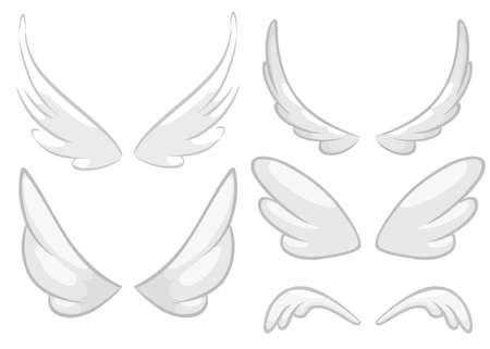 Hand drawn angel, fairy or bird wings set. Outlined drawing elements isolated on white background. Vector illustration.のイラスト素材