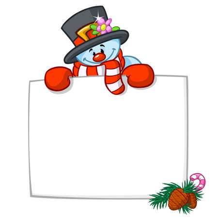 Little cute smiling snowman with scarf and woolen cap. Holding blank scroll for text invitation. Christmas or New year vector illustration.のイラスト素材
