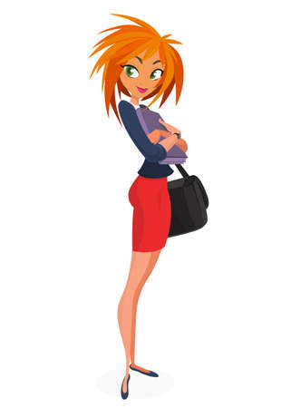 Business woman girl character with folder for papers and handbag posing.のイラスト素材