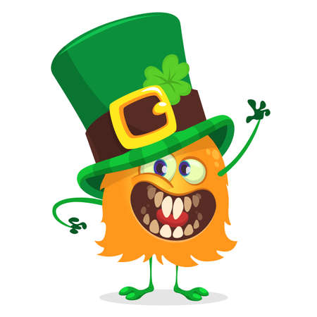 Illustration of St. Patrick's day, happy leprechaun monster waving for greeting card.のイラスト素材