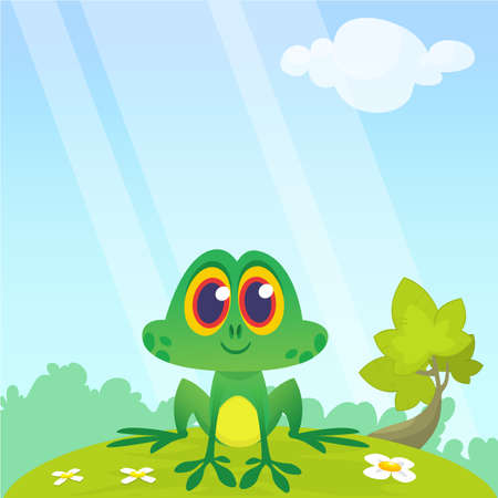 Frog Cartoon Character sitting on the ground isolated on forest  background. Colorful vector illustration. Design for children book illustrationのイラスト素材