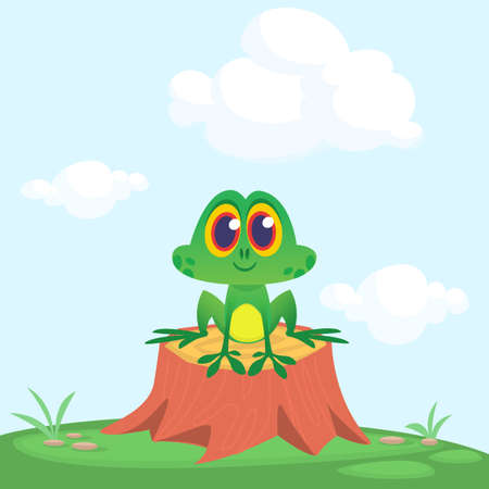 Funny Frog Cartoon Character sitting on tree stump on the meadow background. Colorful vector illustrationのイラスト素材