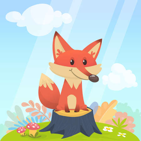 Cute fox sits on a stupm tree in the meadow. Vector illustration with animals in cartoon style.のイラスト素材