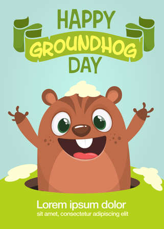 Cute cartoon marmot looking from hole in ground. Groundhog Day isolated vector illustration. Design for poster or postcard invitationのイラスト素材
