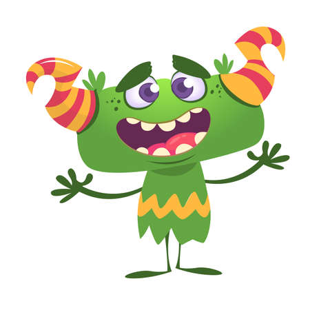 Cool cartoon monster. Vector green monster troll illustration. Halloween design. Design for decoration, print or stickerのイラスト素材