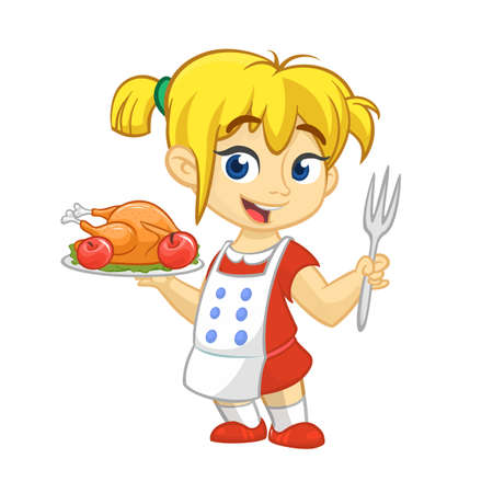 Cartoon girl serving roasted thanksgiving turkey dish. Thanksgiving designのイラスト素材