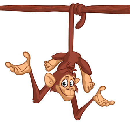 Cute cartoon chimpanzee monskey hang down the tree. Vector illustration in cartoon style. Outlinedのイラスト素材