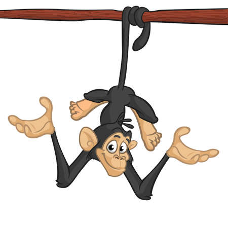 Cute cartoon chimpanzee monskey hang down the tree. Vector illustration in cartoon style. Outlinedのイラスト素材