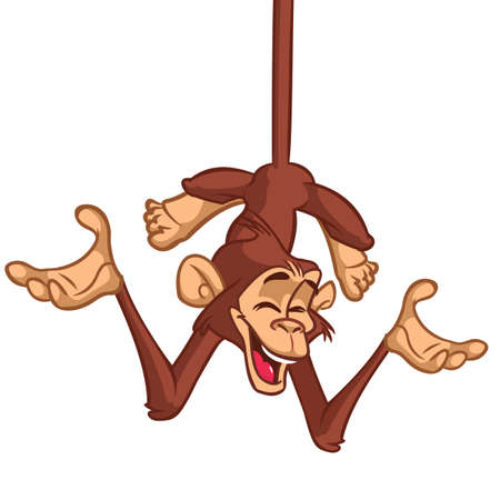 Cute Monkey Chimpanzee Hanging  On Wood Branch Flat Color Simplified Vector Illustration In Fun Cartoon Style Designのイラスト素材