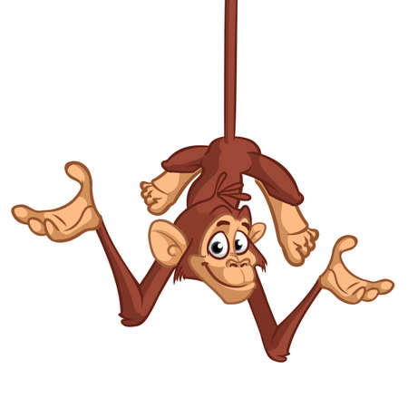 Funny Monkey Chimpanzee Hanging Upside Down Vector Illustration In Fun Cartoon Style Designのイラスト素材
