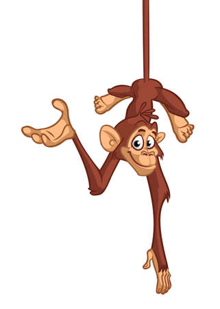 Funny Monkey Chimpanzee Hanging Upside Down Vector Illustration In Cartoon Style Designのイラスト素材