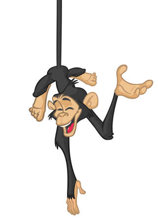 Funny Monkey Chimpanzee Hanging Upside Down Vector Illustration In Cartoon Style Designのイラスト素材