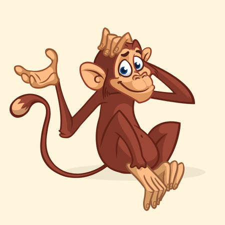 Cute cartoon monkey sitting. Vector illustration of chimpanzee scratching his head.のイラスト素材