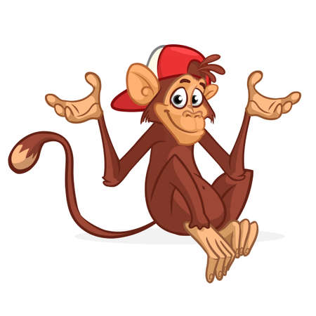Cute cartoon monkey chimpanzee wearing hat. Vector illustration of a monkeyのイラスト素材