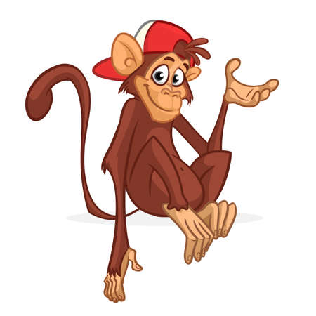 Cute cartoon monkey chimpanzee wearing hat. Vector illustration of a monkeyのイラスト素材