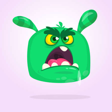 Cartoon green horned monster with angry expression opened mouth full of saliva. Vector illustration isolatedのイラスト素材