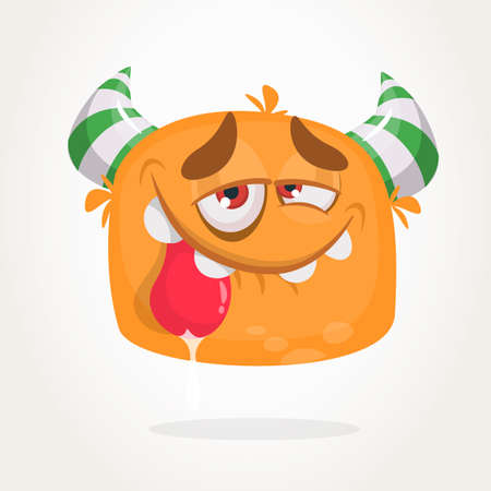 Happy orange cartoon horned monster. Tired monster emotion showing his tongue. Halloween vector illustrationのイラスト素材