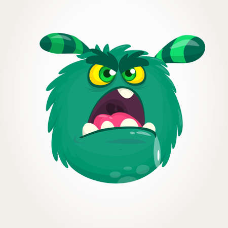 Cartoon green horned monster with angry expression opened mouth full of saliva. Vector illustration isolatedのイラスト素材