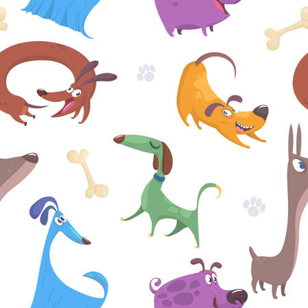 Seamless pattern with cute and funny cartoon dog pupies isolated on white background. Perfect for kids apparel, fabric, textile, nursery decoration, wrapping paperのイラスト素材