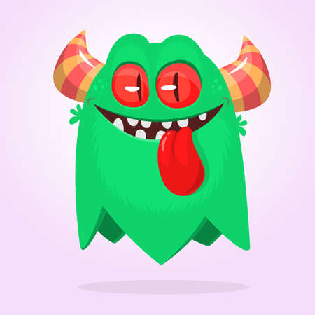Cute green horned cartoon monster. Funny flying monster showing tongue. Halloween vector illustrationのイラスト素材