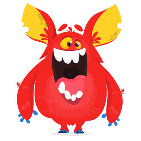 Cartoon red monster character with big ears. Monster troll illustration with surprised expression. Shocking pink gremlin mascot design. Vector Halloween illustrationのイラスト素材