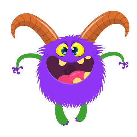 Happy cool cartoon fat monster. Blue and horned vector monster characterのイラスト素材
