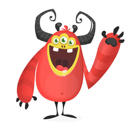 Happy cool cartoon fat monster. Horned vector monster characterのイラスト素材