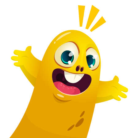 Cartoon excited funny monster waving. Vector Illustrationのイラスト素材