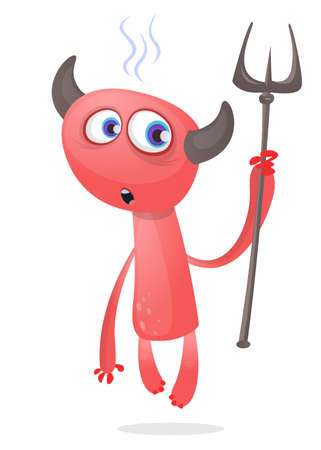 Cartoon illustration of funny red devil character with horns holding trident. Vectorのイラスト素材