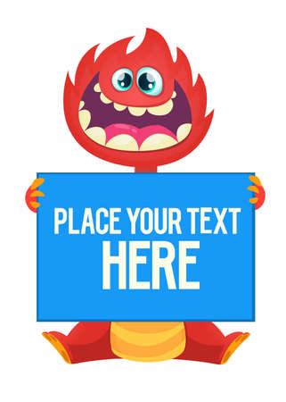 Red cartoon monster or alien holding empty sheet or bannerのイラスト素材