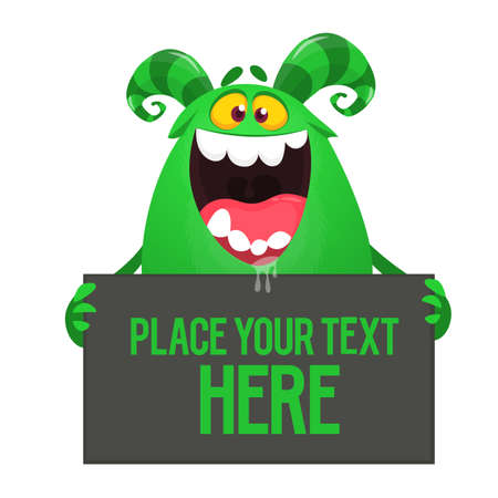 Catoon Monster character holds empty banner sign. Cartoon Halloween illustrationのイラスト素材