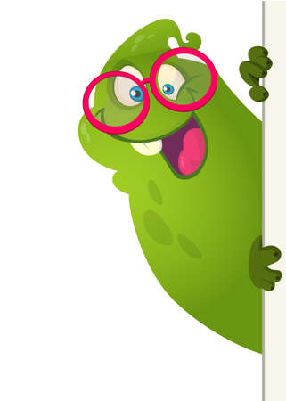 Cartoon illustration of a ghost peeping out of blank  sign, banner or placard. Halloween illustration isolatedのイラスト素材