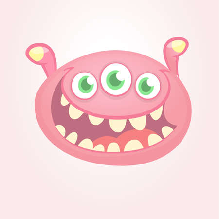 Cartoon thee eyed monster head illustration. Design for logo or stickerのイラスト素材