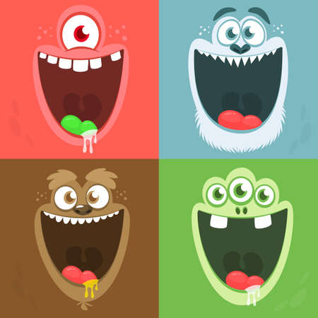 Cartoon monster faces set. Vector set of four Halloween monster faces with different expressions