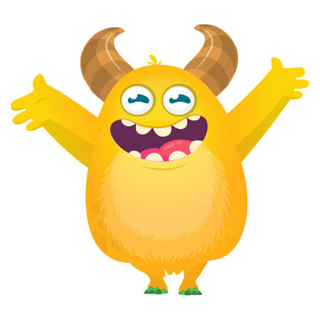 Cute cartoon monster with horns. Smiling monster emotion with big mouth. Halloween vector illustrationのイラスト素材