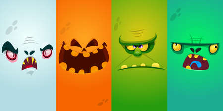 Cartoon monster faces set. Vector collection of four Halloween monster avatars with different face expressionsのイラスト素材