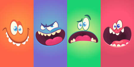 Cartoon monster faces set. Vector collection of four Halloween monster avatars with different face...