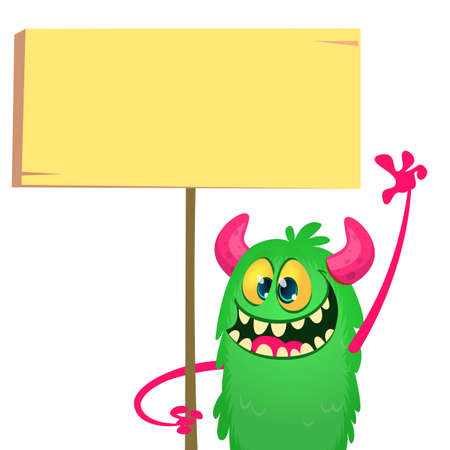 Funny cartoon monster holding blank wooden or paper board for text. Vector Halloween illustration.のイラスト素材